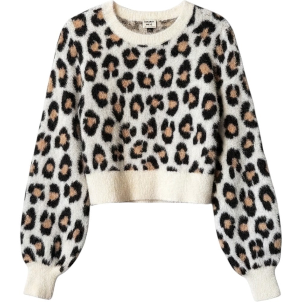 Sunday Best Leopard Print Sweater XS White Fuzzy Crop Puff Sleeve Mob Wife
